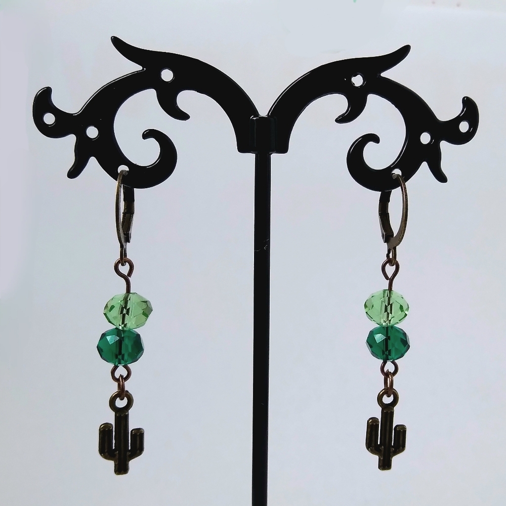 Stunning Handmade Green and Rusted Gold Cactus Dangling Earrings